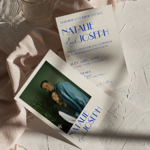 Convite Casamento com Fotografias Retro Francês Triz Azul 