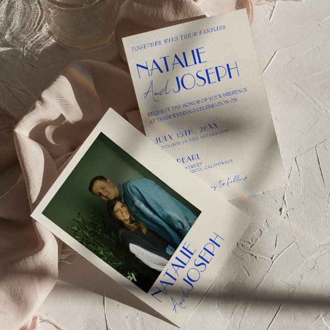 Convite Casamento com Fotografias Retro Francês Triz Azul  (Criador carregado)