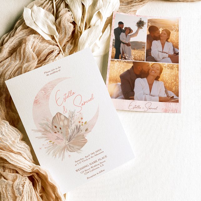 Convite Casamento com fotos da lua floral de pampas rústic (Criador carregado)