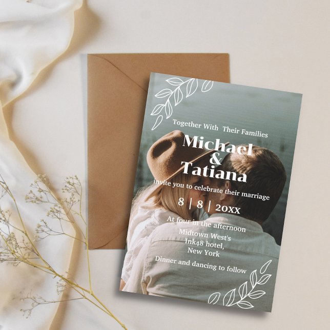 Convite casamento com fotos de boho botânico elegante e mo (Criador carregado)