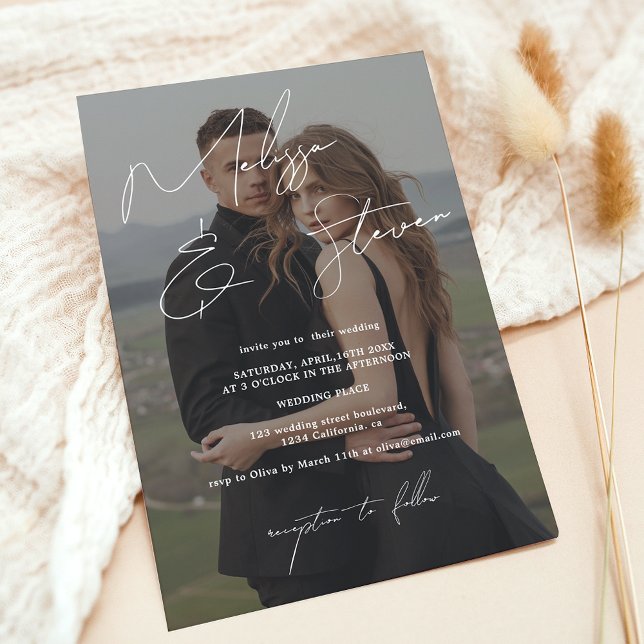 Convite Casamento com fotos de caligrafia com script de no (White names script calligraphy photo wedding invitation)