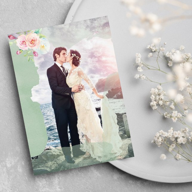 Convite Casamento com fotos do estilo de colheita floral v (Pink mint green floral vintage style photo wedding)