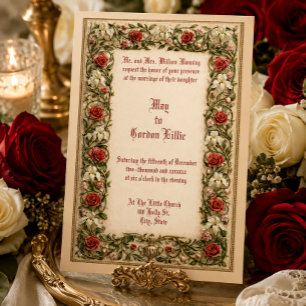 Convite Casamento com Fronteira de Vinha Floral Vermelha e