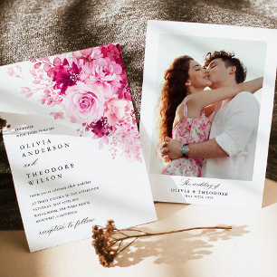 Convite Casamento com Fundo de Foto Floral Rosa Quente