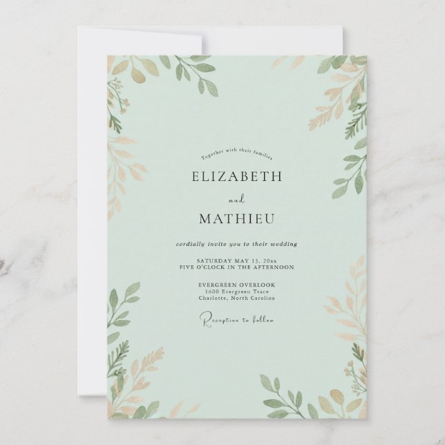 Convite Casamento com Galhos de Eucalipto em Dourado e Esp (Frente)
