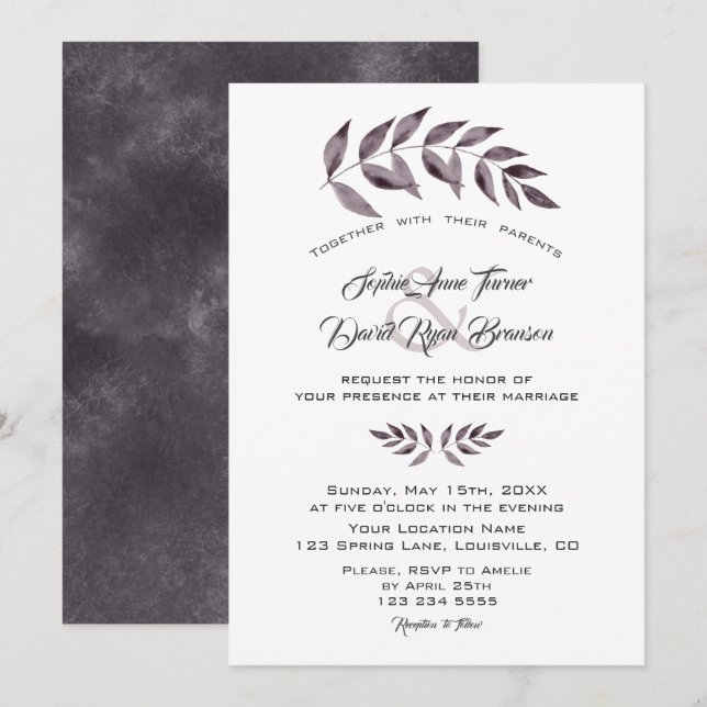 Convite Casamento com Galhos de Tinta em Aquarela Minimali (Frente/Verso)