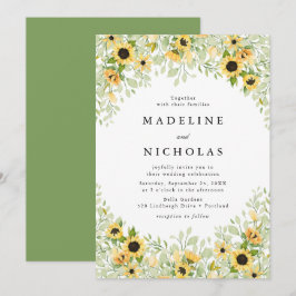 Convite Casamento com Girassóis em Aquarela e Folhagens