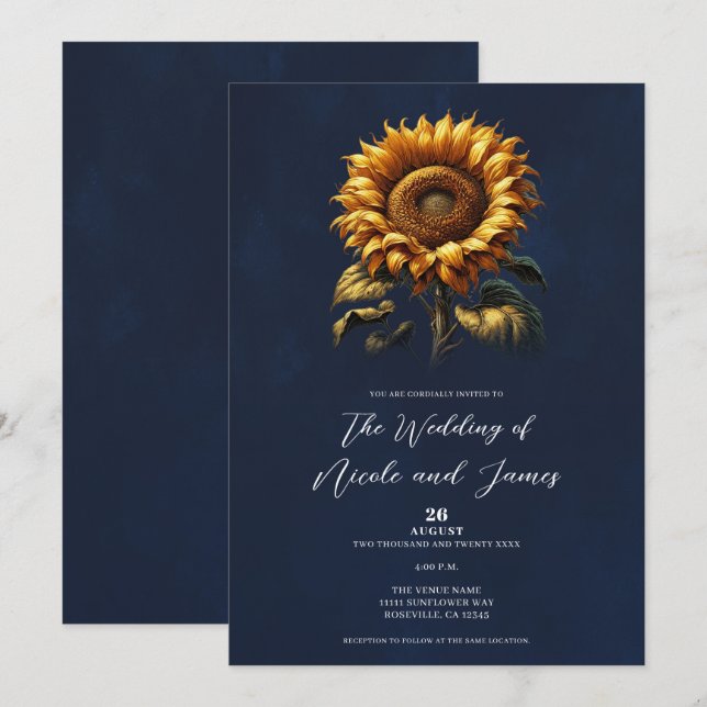 Convite Casamento com Girassóis Rústicos Azuis (Frente/Verso)