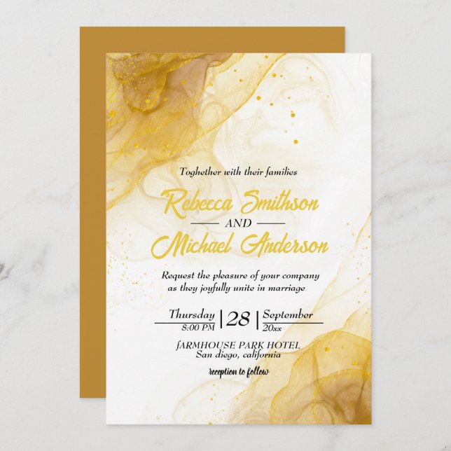 Convite Casamento com Glitter de Agato Dourado Amarelo Mod (Frente/Verso)