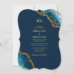 Convite Casamento com Glitter de Geodo Agato Azul e Dourad