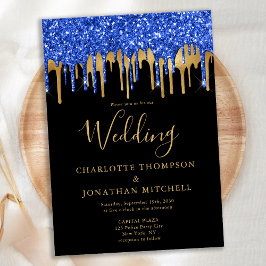 Convite Casamento com Glitter Dourado Azul Elegante Azul