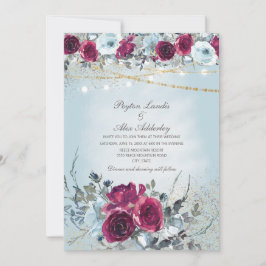 Convite Casamento com Glitter Floral Azul Poeira Borgonha