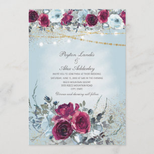 Convite Casamento com Glitter Floral Azul Poeira Borgonha