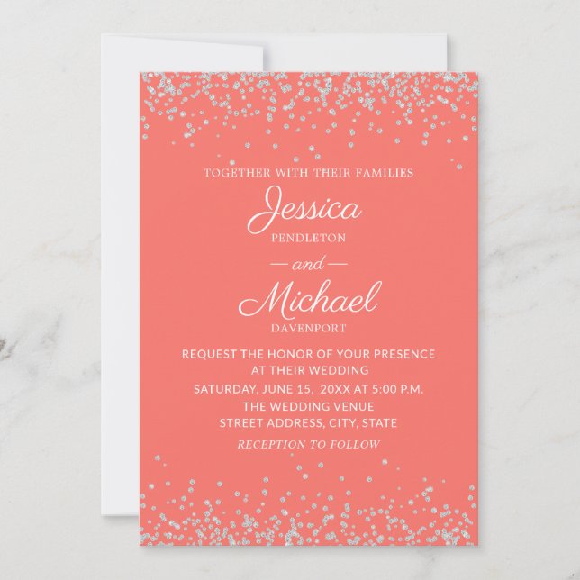 Convite Casamento com Glitter Silver Coral Elegante Modern (Frente)