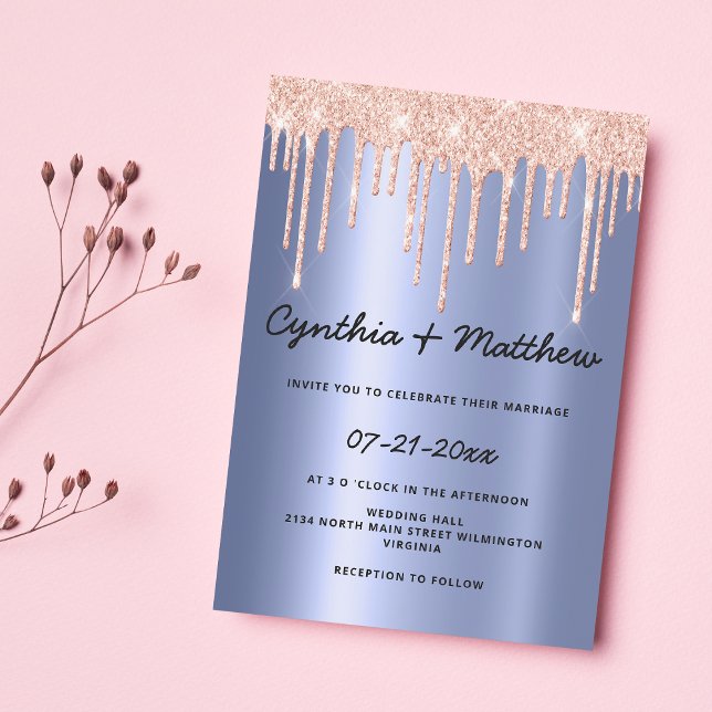Convite Casamento com gotejamento de rosa ouro com gradien (Blush blue gradient rose gold glitter drip wedding)