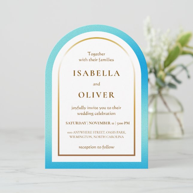Convite Casamento com gradiente de moldura dourada azul cl (Em pé/Frente)