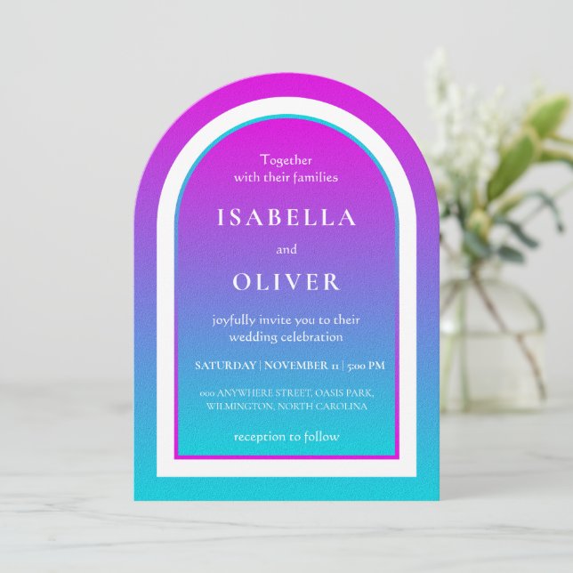 Convite Casamento com gradiente de rosa enevoado e azul cé (Em pé/Frente)