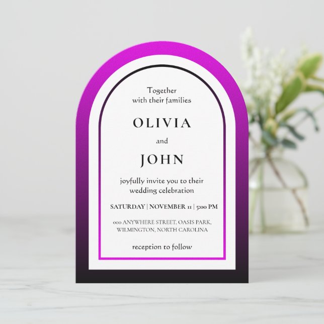 Convite Casamento com gradiente preto magenta (Em pé/Frente)