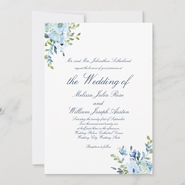 Convite Casamento com Grafia Botânica Azul Aquarela Fantas (Frente)
