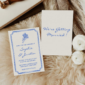 Convite Casamento com Grafia Manuscrita Floral Azul Elegan