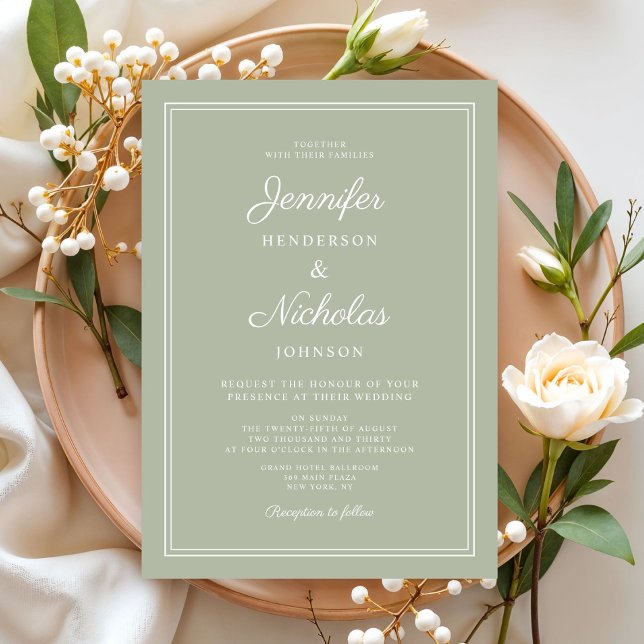 Convite Casamento com Grafia Moderna e Elegante em Verde S (Elegant Modern Sage Green Script Wedding Invitation)