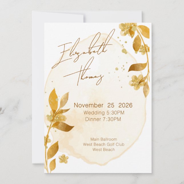 Convite Casamento com Grafismo Botânico Dourado de Outono  (Frente)