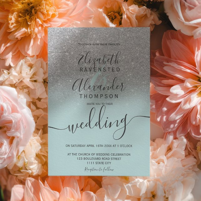 Convite Casamento com grafismo em verde sage com brilho pr (Silver glitter ombre sage green script wedding invitation)