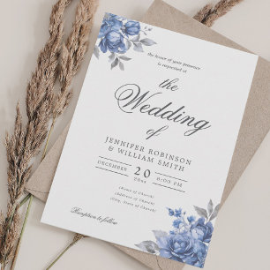 Convite Casamento com Grafismo Floral Rústico Azul Sujo