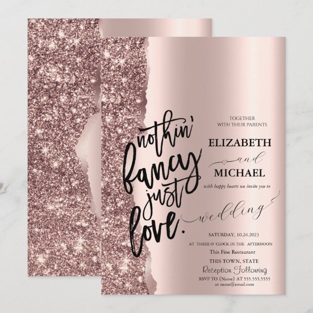 Convite Casamento com Grafismo Glitter em Dourado Rosa Ele (Frente/Verso)