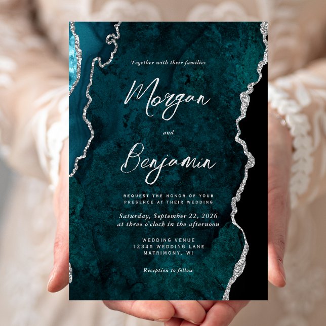 Convite Casamento com Grafismo Prateado em Ágata Azul Teal (Criador carregado)