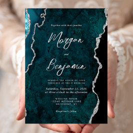 Convite Casamento com Grafismo Prateado em Ágata Azul Teal