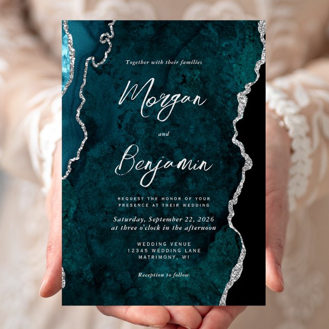 Convite Casamento com Grafismo Prateado em Ágata Azul Teal (Criador carregado)