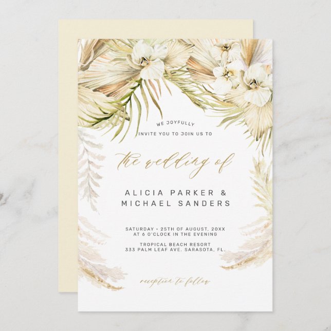 Convite Casamento com grama de ouro tropical orquídeo (Frente/Verso)