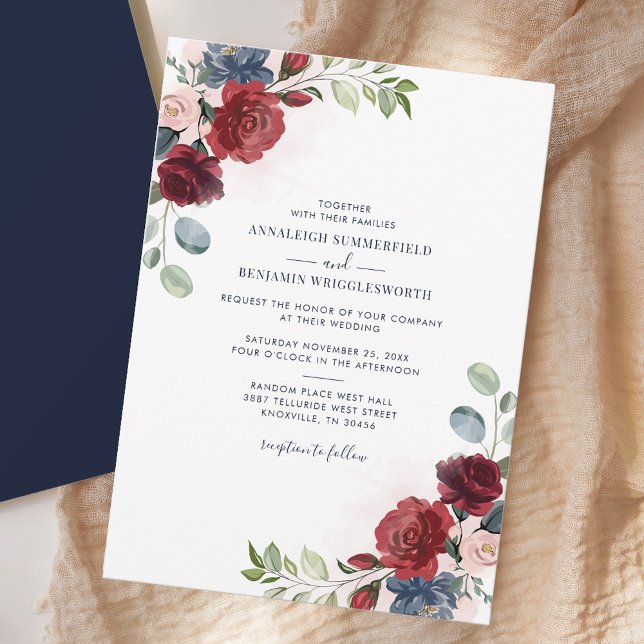 Convite Casamento com Granizo Botânico Floral (Floral Botanical Burgundy Bloom Greenery Wedding Invitation)