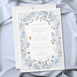 Convite Casamento com Gravura Azul e Dourada em Moldura de