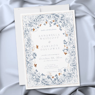 Convite Casamento com Gravura Azul e Dourada em Moldura de