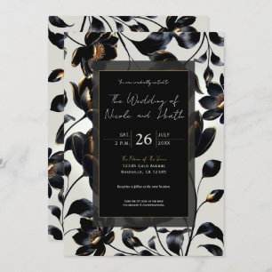 Convite Casamento com Greige Floral Preto e Dourado