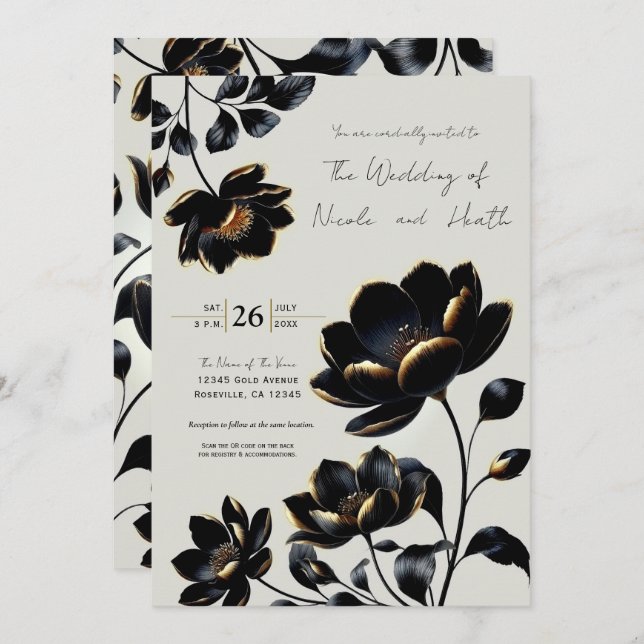 Convite Casamento com Greige Floral Preto e Dourado (Frente/Verso)