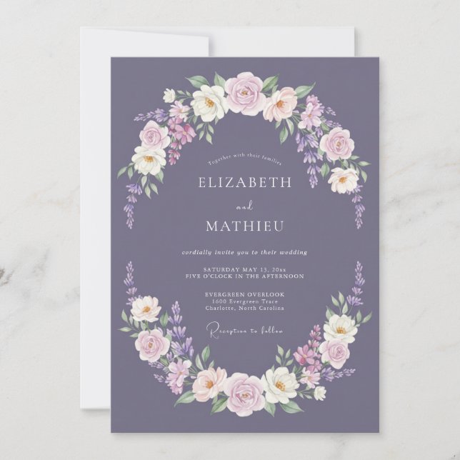 Convite Casamento com Grinalda de Flor de Malva (Frente)