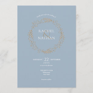 Convite Casamento com Grinalda de Louro Floral Azul Empoei
