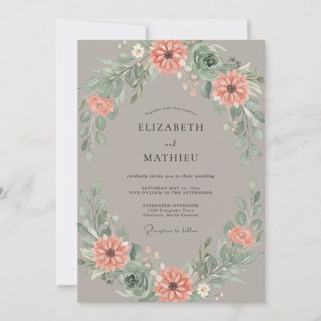 Convite Casamento com Grinalda de Taupe Blush Peach (Frente)