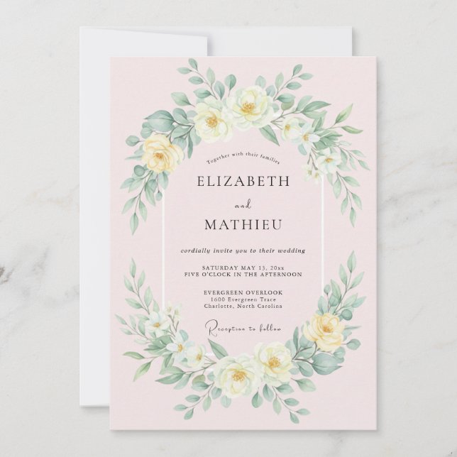 Convite Casamento com Grinalda Floral Amarela Pálida (Frente)