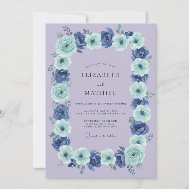 Convite Casamento com Grinalda Floral Azul (Frente)