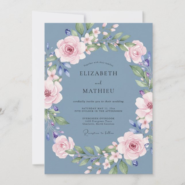 Convite Casamento com Grinalda Floral Azul Ardósia (Frente)