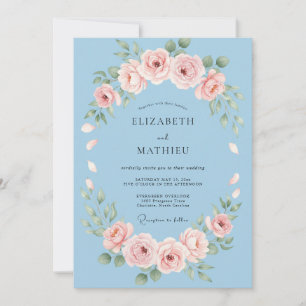 Convite Casamento com Grinalda Floral Azul Céu