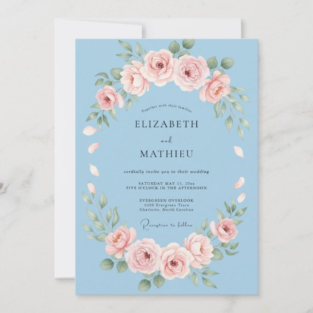 Convite Casamento com Grinalda Floral Azul Céu (Frente)