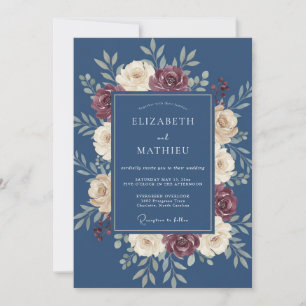 Convite Casamento com Grinalda Floral Azul Escuro