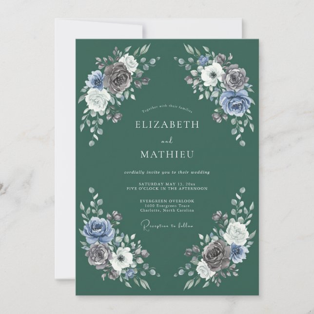 Convite Casamento com Grinalda Floral Azul Salvia (Frente)