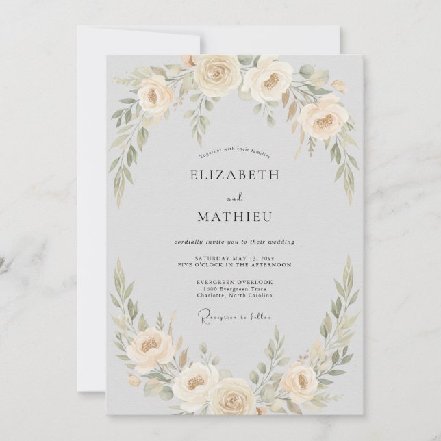 Convite Casamento com Grinalda Floral de Pêssego Pálido (Frente)