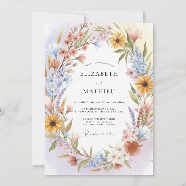 Convite Casamento com Grinalda Floral de Pêssego Suave (Frente)